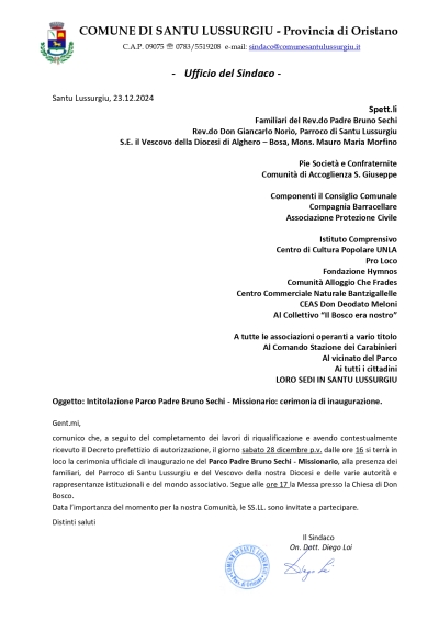 Intitolazione Parco Padre Bruno Sechi - Missionario: cerimonia di inaugurazione.