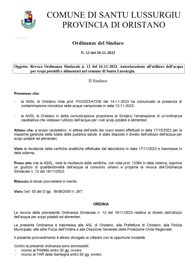 Revoca Ordinanza Sindacale n. 12 del 16-11-2023. Autorizzazione all&rsquo;utilizzo dell'acqua per scopi potabili e alimentari nel comune di Santu Lussurgiu.