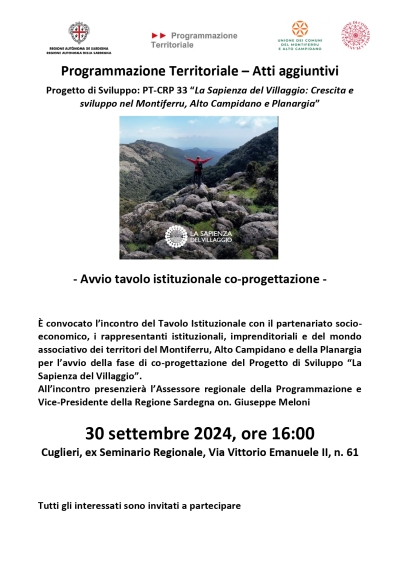 CONVOCAZIONE INCONTRO -Programmazione Territoriale &ndash; Atti aggiuntivi Progetto di Sviluppo: PT-CRP 33 &ldquo;La Sapienza del Villaggio: Crescita e sviluppo nel Montiferru, Alto Campidano e Planargia
