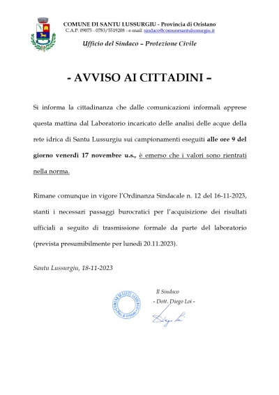 AVVISO AI CITTADINI - ANALISI ACQUE