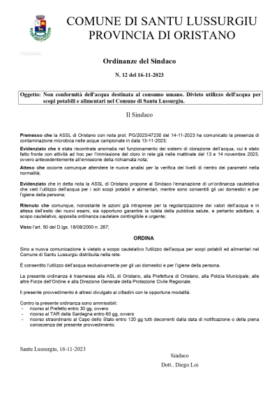 Ordinanze del Sindaco N. 12 del 16-11-2023 Non conformit&agrave; dell'acqua destinata al consumo umano.